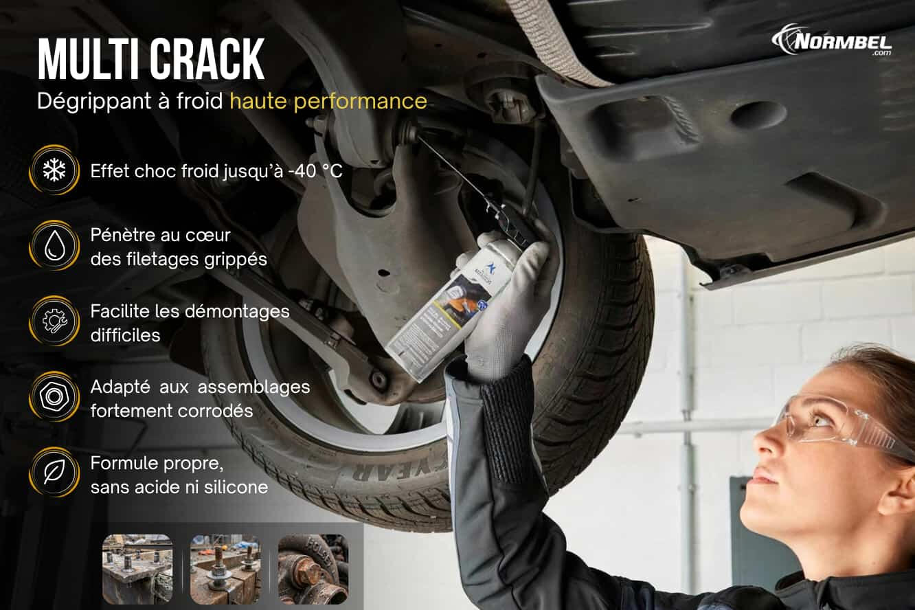 Technicienne utilisant le dégrippant professionnel à froid Multi Crack Normbel effet choc -40°C sur filetage grippé automobile